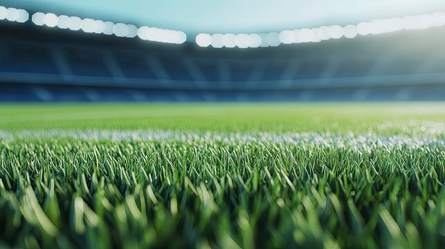 Close-up view of a vibrant green soccer field inside a modern stadium