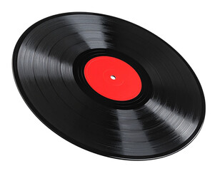 Tilted Vintage Vinyl Disc with Glossy Grooves and Red Label, PNG Cutout
