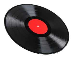 Tilted Vintage Vinyl Disc with Glossy Grooves and Red Label, PNG Cutout