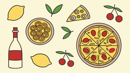 Delicious hand drawn pizza slice cherries and lemon vector food illustration
