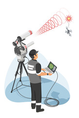 Security operator using electronic jammer system to disable unauthorized flying drone during surveillance mission in restricted airspace