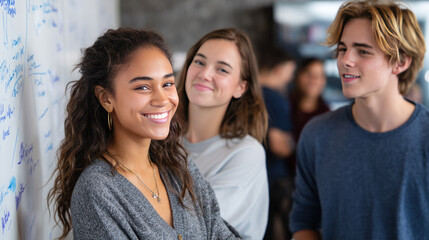 A group of college students brainstorming ideas in a study group, whiteboard filled with ideas, casual and collaborative atmosphere.
