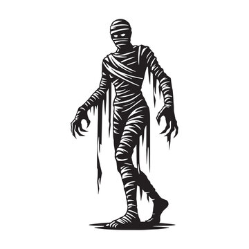 Imposing Dark Mummy Ancient Wrapped Figure Silhouette Outline with Crumbling Bandages and Eerie Stance - mummy silhouette - mummy vector - silhouette of mummy - Mummy illustration
