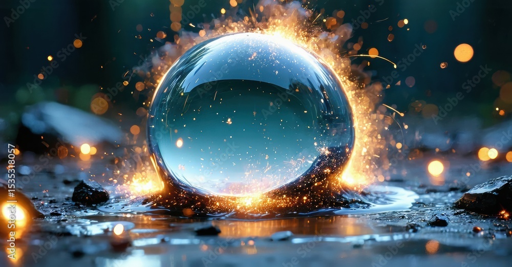 Poster glass sphere impacts ground. sparks radiate outward, creating dramatic visual effect. dark backgroun