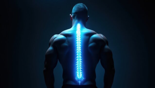 La espalda de un hombre musculoso con una columna azul brillante que irradia energ&iacute;a