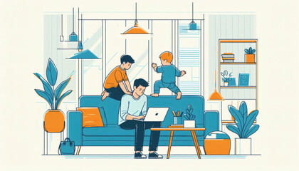 Modern Family Living Room with Work-From-Home Setup and Playful Children