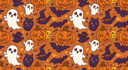 Fototapeta premium Adorable Halloween Seamless Pattern Ghosts, Pumpkins, Bats