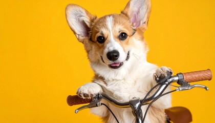 border collie dog riding bicycle on yellow background