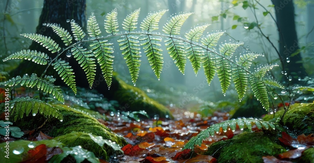 Poster lush ferns covered with water droplets. forest floor displays vibrant moss, fallen leaves. soft ligh