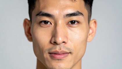 Obraz premium 日本人, 超リアル, 美しい, 若い男性, 顔, クローズアップ, 欠点のない肌, 輝く肌質, ナチュラルメイク, 柔らかなライティング, 美容CM風, シネマティック, カメラ目線, 高解像度,Japanese, ultra-realistic, beautiful, young man, face, close-up, flawless skin, glowing complexion