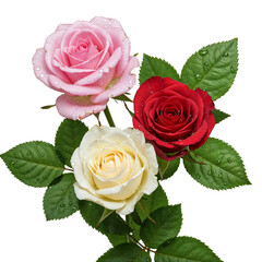 Fototapeta premium Three roses bouquet pink red white isolated on transparent background