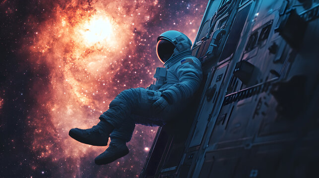 Astronaut Resting on Spacecraft Against a Vibrant Galactic Background