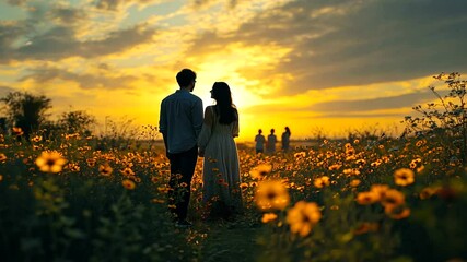 Romantic couple silhouette walking in blooming flower field at golden sunset hour - Powered by Adobe
