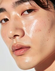日本人, 超リアル, 美しい, 若い男性, 顔, クローズアップ, 欠点のない肌, 輝く肌質, ナチュラルメイク, 柔らかなライティング, 美容CM風, シネマティック, カメラ目線, 高解像度,Japanese, ultra-realistic, beautiful, young man, face, close-up, flawless skin, glowing complexion