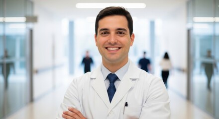 Fototapeta premium Friendly Male Doctor Smiling in Hospital Hallway | Healthcare Professional for Medical Advertising and Patient Communication,ai generative