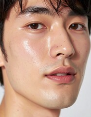 Fototapeta premium 日本人, 超リアル, 美しい, 若い男性, 顔, クローズアップ, 欠点のない肌, 輝く肌質, ナチュラルメイク, 柔らかなライティング, 美容CM風, シネマティック, カメラ目線, 高解像度,Japanese, ultra-realistic, beautiful, young man, face, close-up, flawless skin, glowing complexion