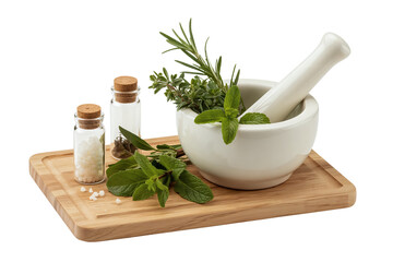 Fresh Herbs and Cooking Ingredients on Wooden Board
