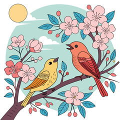 Two birds, one yellow and one orange, perched on a branch with pink flowers, light blue background with a sun and clouds