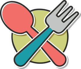 A red spoon and a grey fork crossed over a green circle in a white background