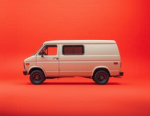 High-resolution mockup of a 1990s cargo van with a red clean studio backdrop. Perfect for branding, commercial design, vehicle advertising, and retro-themed marketing.