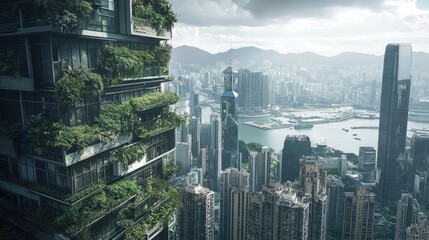 Obraz premium Modern cityscape with green architecture showcasing sustainable design amidst urban skyline and dramatic clouds