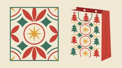 Festive hand drawn christmas gift bag and decorative tile pattern vector illustration