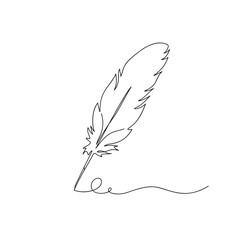 Continuous line drawing of writing quill feather pen. Minimalist black linear sketch isolated on white background. Hand drawn vector illustration.