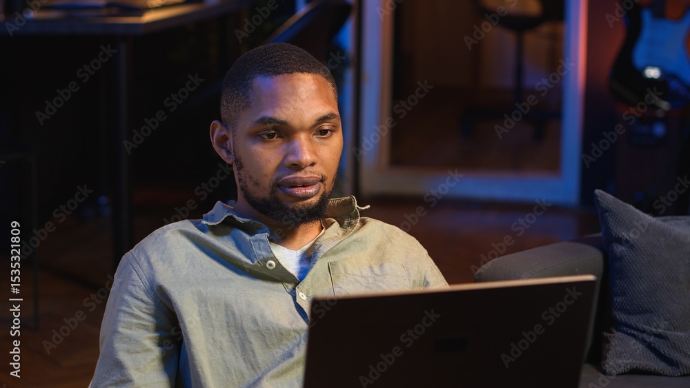Poster black male freelancer taking online course to learn new skills from home, attend online video call a