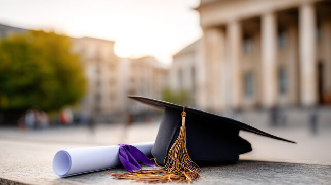 Close-up of a graduation cap with a tassel and a diploma in front of a university building, soft lighting and background blur - Powered by Adobe