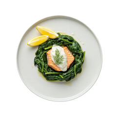 Elegant Salmon Fillet on Spinach with Lemon Wedges