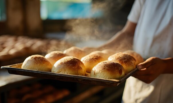 a tray of freshly baked p&atilde;o franc&ecirc;s being pulled from a hot oven golden and crispy crusts, soft steam rising, Generative AI