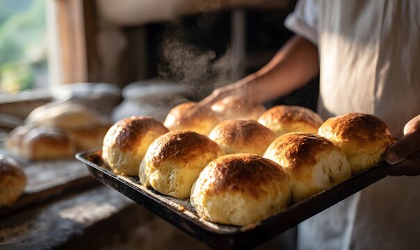 a tray of freshly baked p&atilde;o franc&ecirc;s being pulled from a hot oven golden and crispy crusts, soft steam rising, Generative AI