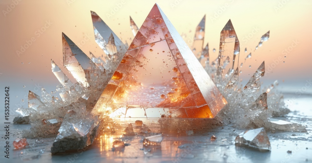 Poster crystal pyramid shattering. light radiates through fragments, creating dramatic visual effect. refle