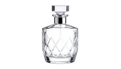 Clear diamond cut glass decanter isolated on transparent background