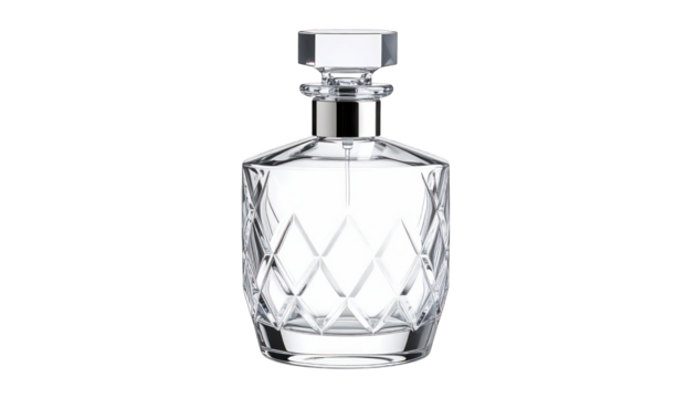 Clear diamond cut glass decanter isolated on transparent background