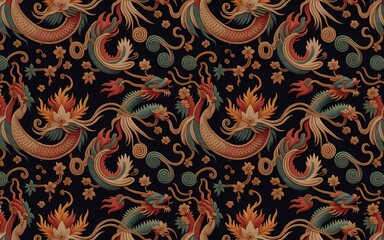 Chinese Minority Folk Art (Miao Embroidery Inspired), Intricate Dragon Pattern on Dark Background, Detailed Asian-Inspired Design