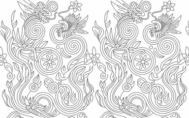 Chinese Minority Folk Art (Miao Embroidery Inspired), Intricate Dragon and Floral Line Art Design