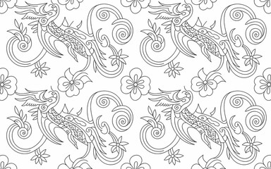 Chinese Minority Folk Art (Miao Embroidery Inspired), Intricate Black and White Pattern Featuring Stylized Birds, Flowers, and Swirls
