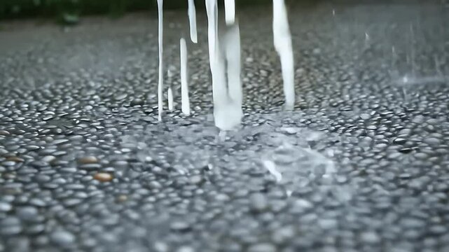 Provide micro satisfying ASMR loop where rain pearls bounce pebble stamped cement new forty word text underscores hyper detailed K capture calming rhythm foley friendly sound design video potential