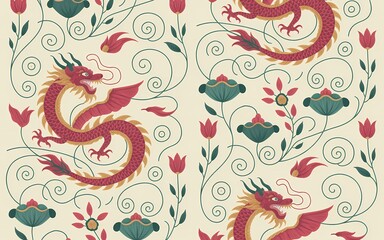 Chinese Minority Folk Art (Miao Embroidery Inspired), Ornate Chinese Dragon and Floral Pattern Design