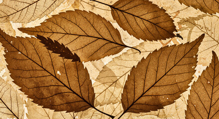 Dried brown leaves arranged on textured background in autumn style  