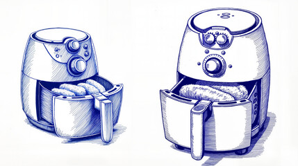 Obraz premium Air fryer sketches in blue ink on white background concept of Collage with vintage sketches, done in blue ink on white background 