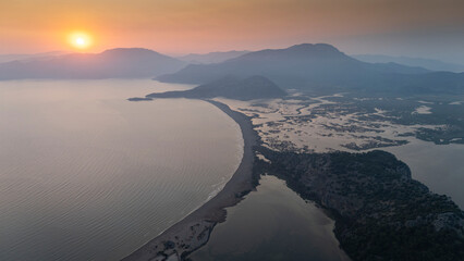 Aerial drone view of Dalyan delta and Iztuzu beach. Turkey. 