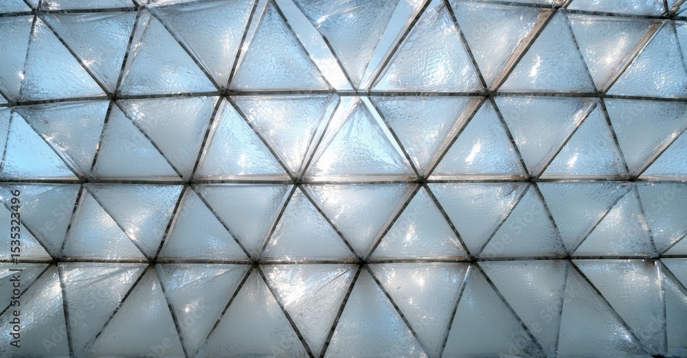 Poster Geometric pattern, skylight structure. Triangular panels create repeating design. Light shines through translucent material. Modern architecture detail.