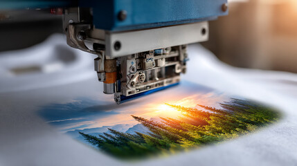 High quality digital printer producing vibrant colorful artwork on fabric with white t shirt hanging in background in modern studio