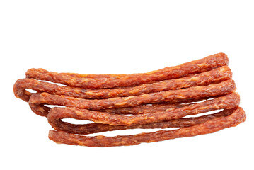 Dry thin pork sausage isolated on a white background.