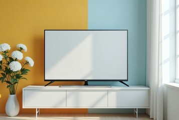Blank Screen Smart TV Mockup on a Colored Wall with White Flowers