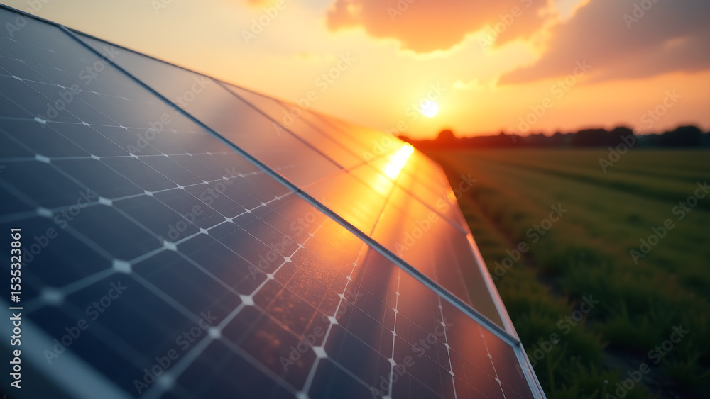 Poster capture solar panel array serene sunset golden light casting shadows panels hinting harnessing