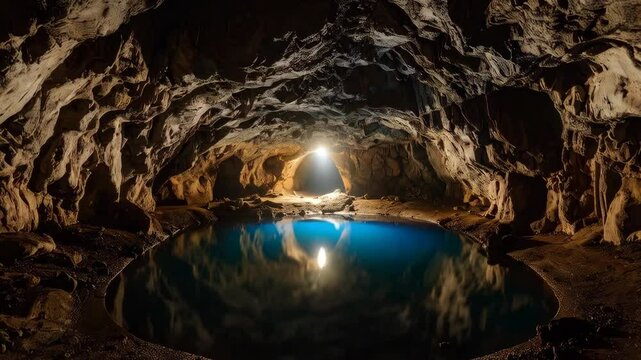 Underground grotto with a pool of crystal clear blue water illuminated by a beam of light piercing through a cavern opening in the cave ceiling