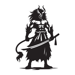 Shadowy Powerful Oni Hell Giant Graphic with Dramatic Lighting and Monumental Scale - oni silhouette - oni vector - silhouette of oni - Oni illustration - mythical creature silhouette
